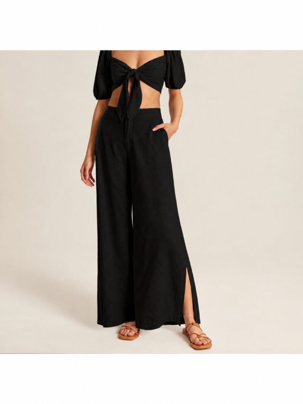Abercrombie & Fitch White Resort Linen-Blend Wide-Leg Split-Hem Pants